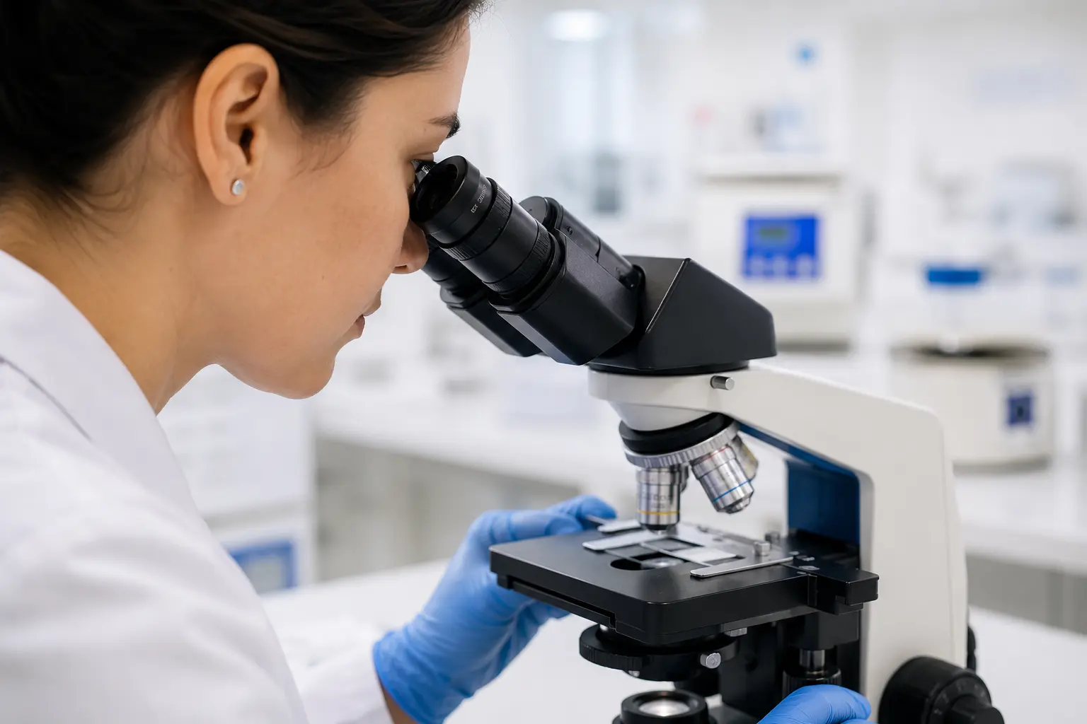 Profesional realizando tareas de laboratorio con microscopio